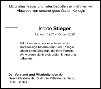 Traueranzeige von Isolde Stieger von Mitteldeutsche Zeitung Halle/Saalkreis