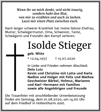Traueranzeige von Isolde Stieger von Mitteldeutsche Zeitung Halle/Saalkreis
