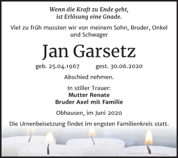 Traueranzeige von Jan Garsetz von Super Sonntag Merseburg/Querfurt