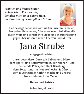 Traueranzeige von Jana Strube von Super Sonntag Bernburg