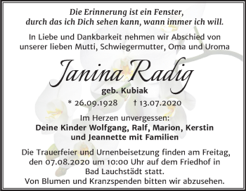 Traueranzeige von Janina Rading von Super Sonntag Merseburg/Querfurt
