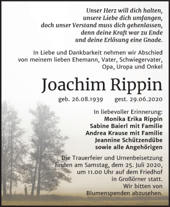 Traueranzeige von Joachim Rippin von Mitteldeutsche Zeitung Mansfelder Land