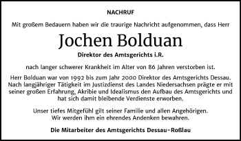 Traueranzeige von Jochen Bolduan von Mitteldeutsche Zeitung Dessau-Roßlau