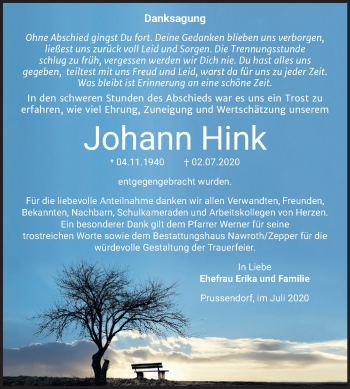 Traueranzeige von Johann Hink von Wochenspiegel Bitterfeld