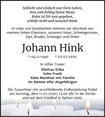 Traueranzeige von Johann Hink von Wochenspiegel Bitterfeld