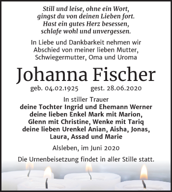 Traueranzeige von Johanna Fischer von Mitteldeutsche Zeitung Bernburg
