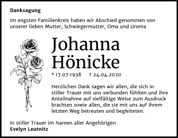 Traueranzeige von Johanna Hönicke von Mitteldeutsche Zeitung Wittenberg