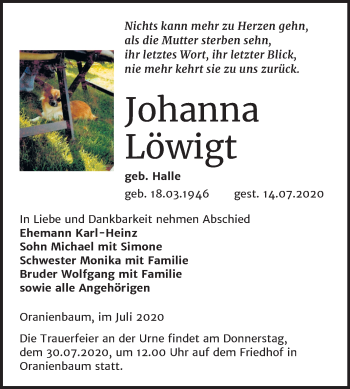 Traueranzeige von Johanna Löwigt von Super Sonntag Wittenberg