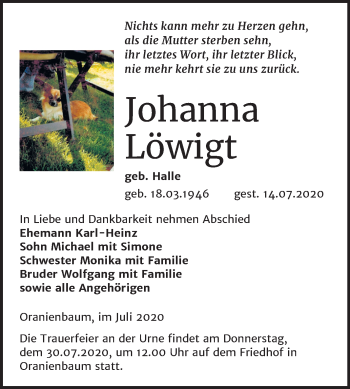 Traueranzeige von Johanna Löwigt von Mitteldeutsche Zeitung Wittenberg