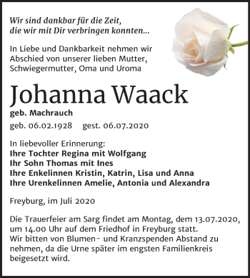 Traueranzeige von Johanna Waack von Mitteldeutsche Zeitung Naumburg/Nebra