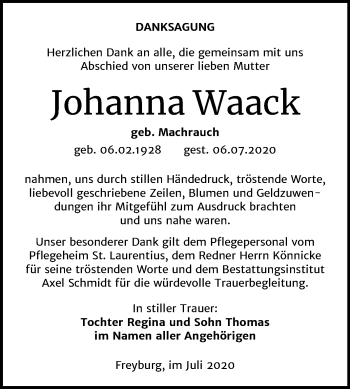 Traueranzeige von Johanna Waack von Mitteldeutsche Zeitung Naumburg/Nebra