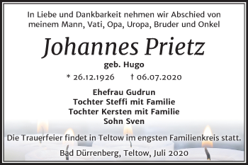 Traueranzeige von Johannes Prietz von Super Sonntag Merseburg/Querfurt