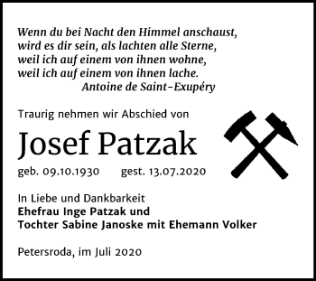 Traueranzeige von Josef Patzak von Mitteldeutsche Zeitung Bitterfeld