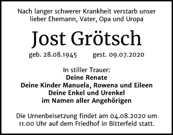 Traueranzeige von Jost Grötsch von Mitteldeutsche Zeitung Bitterfeld