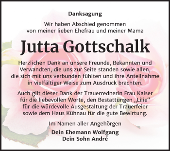 Traueranzeige von Jutta Gottschalk von Super Sonntag Dessau-Roßlau