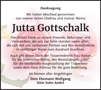Traueranzeige von Jutta Gottschalk von Mitteldeutsche Zeitung Dessau-Roßlau
