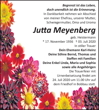 Traueranzeige von Jutta Meyenberg von Wochenspiegel Bitterfeld