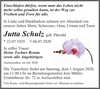 Traueranzeige von Jutta Schulz von Mitteldeutsche Zeitung Aschersleben