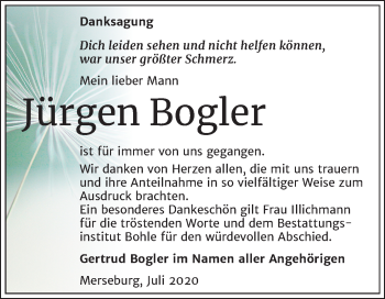 Traueranzeige von Jürgen Bogler von Mitteldeutsche Zeitung Merseburg/Querfurt