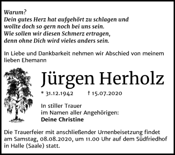 Traueranzeige von Jürgen Herholz von Mitteldeutsche Zeitung Halle/Saalkreis