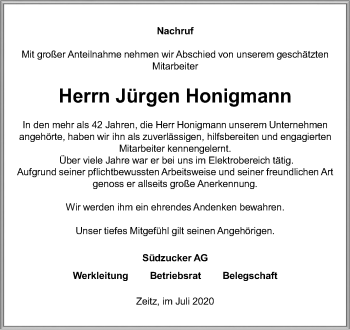 Traueranzeige von Jürgen Honigmann von Super Sonntag Zeitz