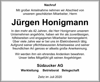 Traueranzeige von Jürgen Honigmann von Mitteldeutsche Zeitung Zeitz
