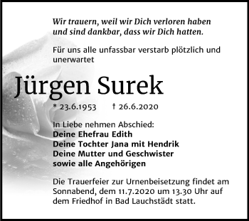 Traueranzeige von Jürgen Surek von Mitteldeutsche Zeitung Merseburg/Querfurt