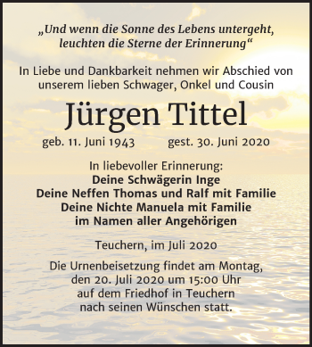 Traueranzeige von Jürgen Tittel von Super Sonntag Weißenfels