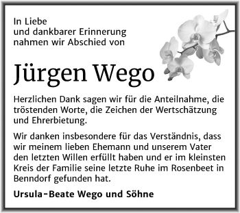 Traueranzeige von Jürgen Wego von Super Sonntag Merseburg/Querfurt / Mansfelder Land