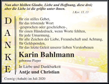 Traueranzeige von Karin Bahlmann von Super Sonntag Wittenberg