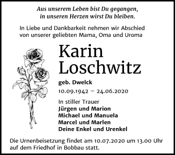 Traueranzeige von Karin Loschwitz von Mitteldeutsche Zeitung Bitterfeld