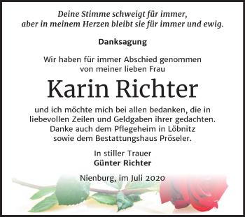 Traueranzeige von Karin Richter von Super Sonntag Bernburg
