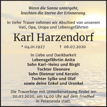 Traueranzeige von Karl Harzendorf von Wochenspiegel Bitterfeld