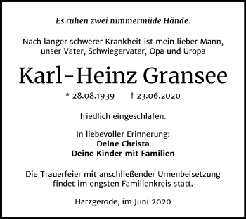 Traueranzeige von Karl-Heinz Gransee von Mitteldeutsche Zeitung Quedlinburg