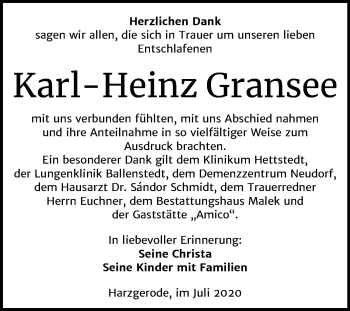 Traueranzeige von Karl-Heinz Gransee von Super Sonntag Quedlinburg