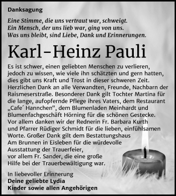 Traueranzeige von Karl-Heinz Pauli von Mitteldeutsche Zeitung Mansfelder Land