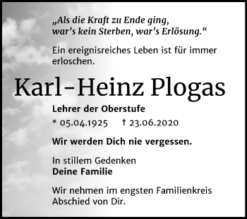 Traueranzeige von Karl-Heinz Plogas von Super Sonntag Wittenberg