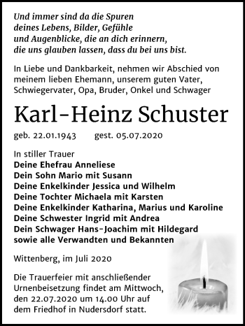Traueranzeige von Karl-Heinz Schuster von Super Sonntag Wittenberg
