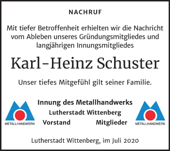 Traueranzeige von Karl-Heinz Schuster von Super Sonntag Wittenberg