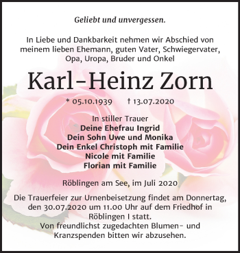 Traueranzeige von Karl-Heinz Zorn von Mitteldeutsche Zeitung Mansfelder Land