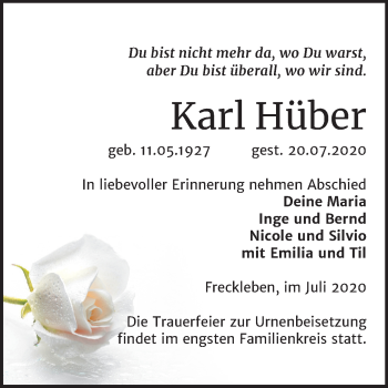 Traueranzeige von Karl Hüber von Mitteldeutsche Zeitung Mansfelder Land