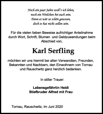 Traueranzeige von Karl Serfling von Mitteldeutsche Zeitung Weißenfels