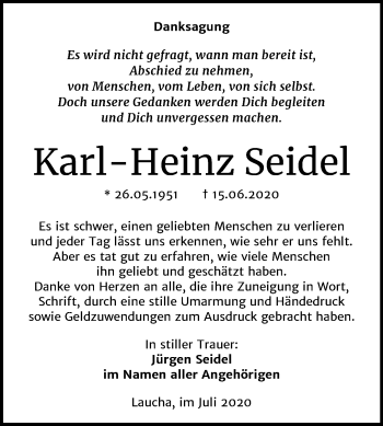 Traueranzeige von Karl Heinz Seidel von Mitteldeutsche Zeitung Naumburg/Nebra
