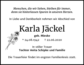 Traueranzeige von Karla Jäckel von Super Sonntag Dessau-Roßlau