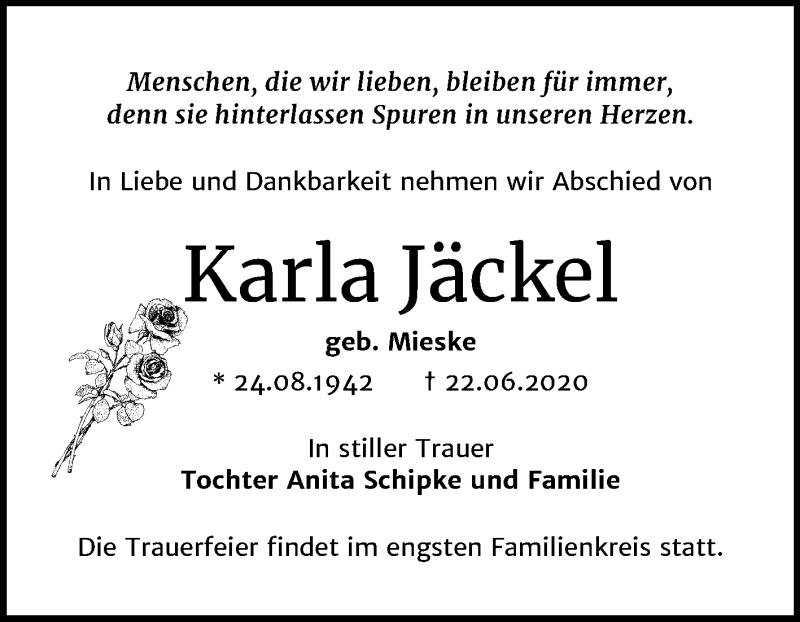  Traueranzeige für Karla Jäckel vom 01.07.2020 aus Mitteldeutsche Zeitung Dessau-Roßlau