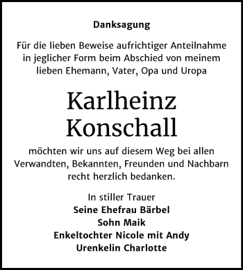 Traueranzeige von Karlheinz Konschall von Wochenspiegel Mansfelder Land
