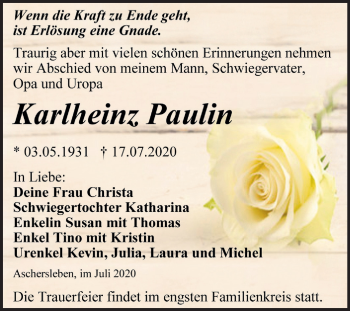 Traueranzeige von Karlheinz Paulin von Mitteldeutsche Zeitung Aschersleben