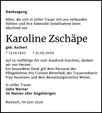 Traueranzeige von Karoline Zschäpe von Wochenspiegel Bitterfeld