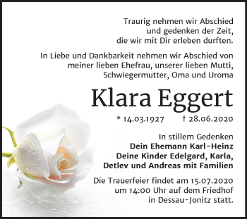 Traueranzeige von Klara Eggert von Super Sonntag Dessau-Roßlau