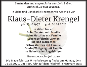 Traueranzeige von Klaus-Dieter Krengel von Super Sonntag Merseburg/Querfurt